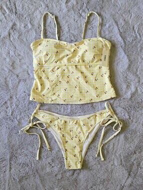 Yellow Gingham With Cherries Tankini Top and Tie-Side Bikini Bottoms
